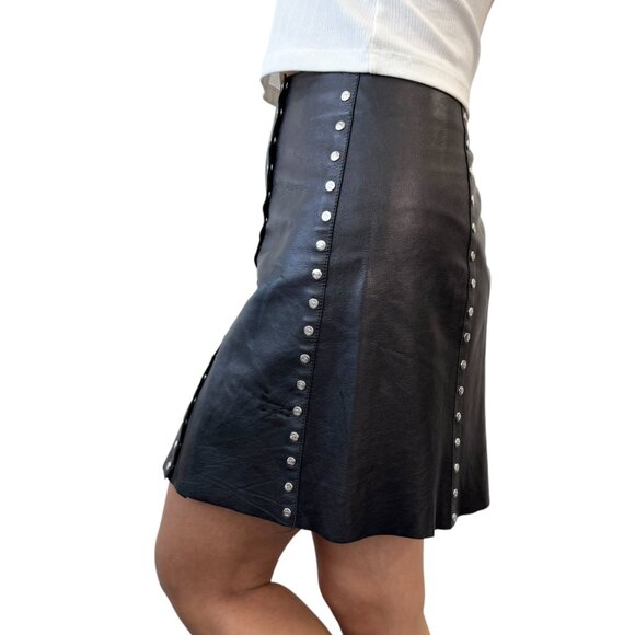 CELINE Vintage Macadam Logo Button Mini Skirt #38 Black Silver Leather [105060] - Picture 2 of 13